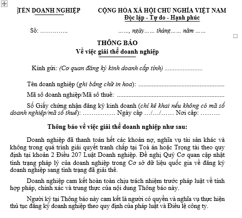 Mẫu Thông báo về việc giải thể doanh nghiệp dành cho công ty TNHH 1 thành viên theo Thông tư 68