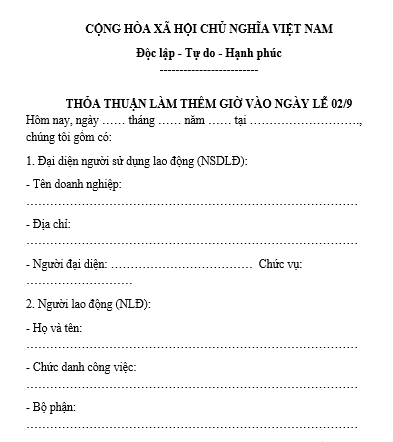 Mẫu văn bản thỏa thuận làm thêm giờ vào ngày lễ 2 tháng 9