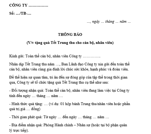 Mẫu thông báo tặng quà Tết Trung thu cho nhân viên công ty