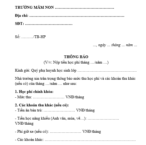 Mẫu thông báo nộp tiền học phí trường mầm non tư thục