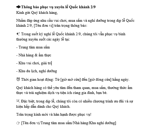 Mẫu thông báo phục vụ xuyên lễ Quốc khánh 2/9 dành cho trung tâm mua sắm, nhà hàng, khu du lịch, khu nghỉ dưỡng,...