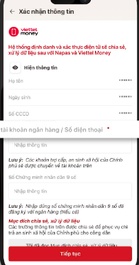 : Nhập số điện thoại đăng ký Viettel Money. Kiểm tra lại thông tin cá nhân --> Chọn Đồng ý chia sẻ dữ liệu và nhấp Tiếp tục