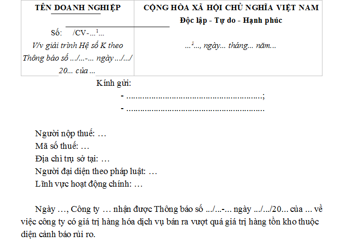 Mẫu Công văn giải trình hệ số K thuế có dạng ra sao?