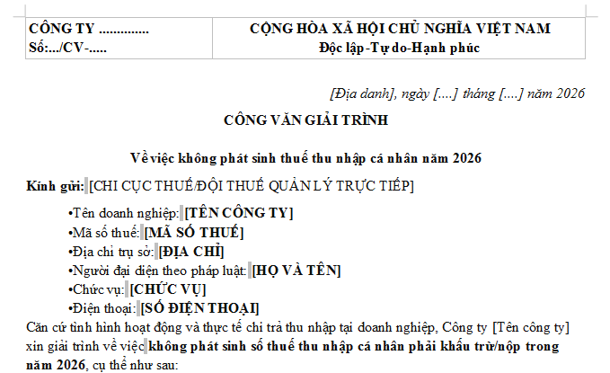  Mẫu Công văn giải trình không phát sinh thuế TNCN 2026