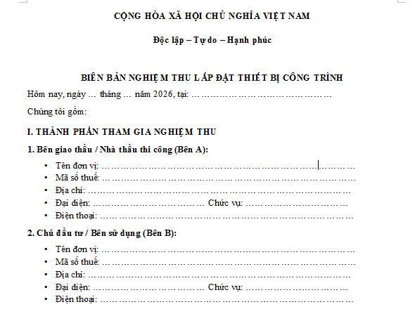 Mẫu biên bản nghiệm thu lắp đặt thiết bị 2026 mới nhất