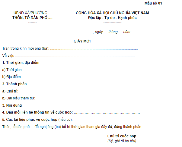 Mẫu số 01 Giấy mời họp thôn mới nhất 2026