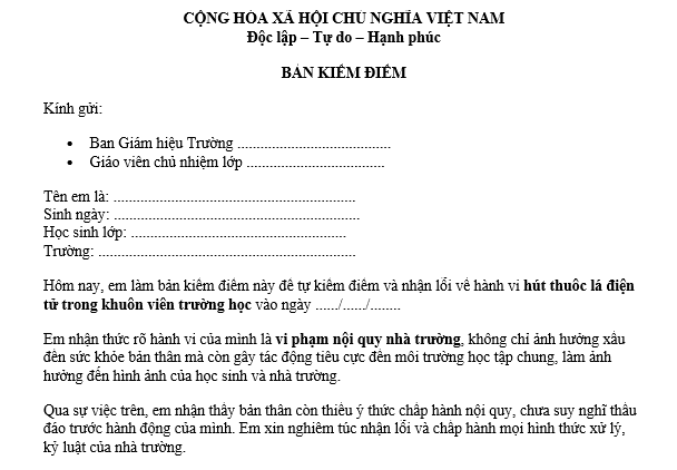 Mẫu bản kiểm điểm hút thuốc lá điện tử trong trường học dành cho học sinh vi phạm? Tải mẫu bản kiểm điểm hút thuốc lá điện tử?