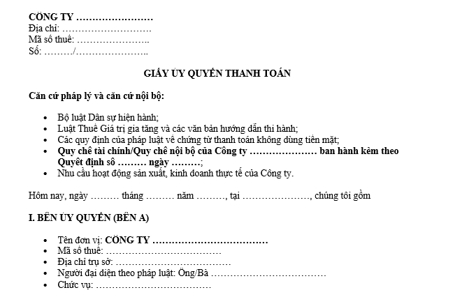 Mẫu giấy ủy quyền thanh toán cho nhân viên của công ty
