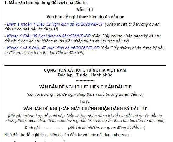  Mẫu Văn bản đề nghị cấp Giấy chứng nhận đăng ký đầu tư đối với dự án thực hiện theo thủ tục đầu tư đặc biệt mới nhất 2026
