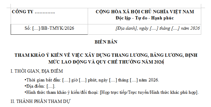 Có thể tham khảo Mẫu Biên bản tham khảo ý kiến xây dựng thang bảng lương, định mức lao động và quy chế thưởng 2026 dưới đây: