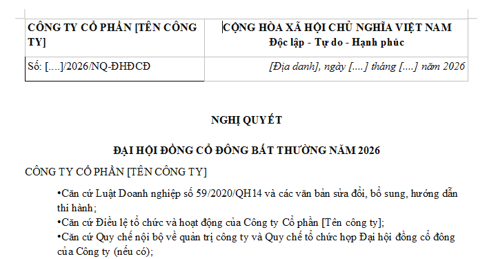 Mẫu Nghị quyết Đại hội đồng cổ đông bất thường năm 2026 có dạng ra sao? Tải Nghị quyết file word tại đâu?