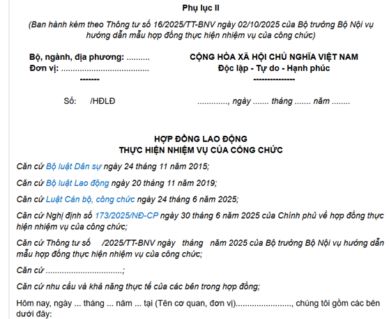 Mẫu hợp đồng lao động thực hiện nhiệm vụ của công chức theo Thông tư 16