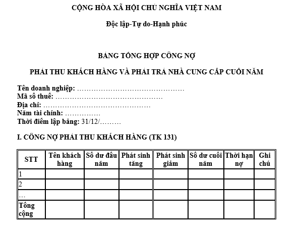 Mẫu Bảng tổng hợp công nợ phải thu khách hàng và phải trả nhà cung cấp cuối năm