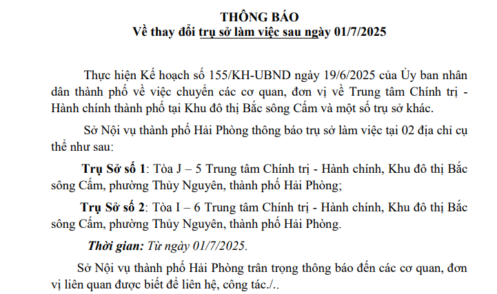 Theo Thông báo 153/TB-SNV năm 2025 quy định về thay đổi trụ sở làm việc như sau: