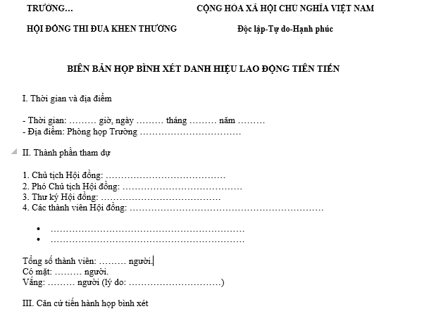 Mẫu Biên bản họp bình xét danh hiệu Lao động tiên tiến của hội đồng thi đua khen thưởng bình trường học?