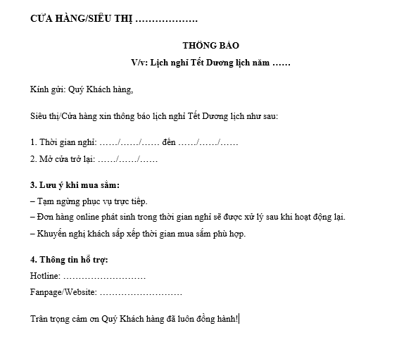 Mẫu Thông báo lịch nghỉ Tết Dương lịch dành cho cửa hàng, siêu thị gửi khách hàng, đối tác