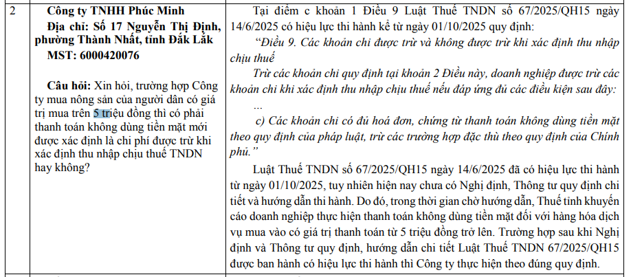 Thuế tỉnh Đắk Lắk cũng có giải đáp về "Trường hợp Công ty mua nông sản của người dân có giá trị mua trên 5 triệu đồng thì có phải thanh toán không dùng tiền mặt mới được xác định là chi phí được trừ khi xác định thu nhập chịu thuế TNDN hay không?