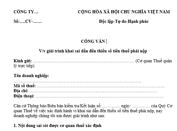 Mẫu công văn giải trình thuế với hành vi khai sai dẫn đến thiếu số tiền thuế phải nộp dành cho doanh nghiệp