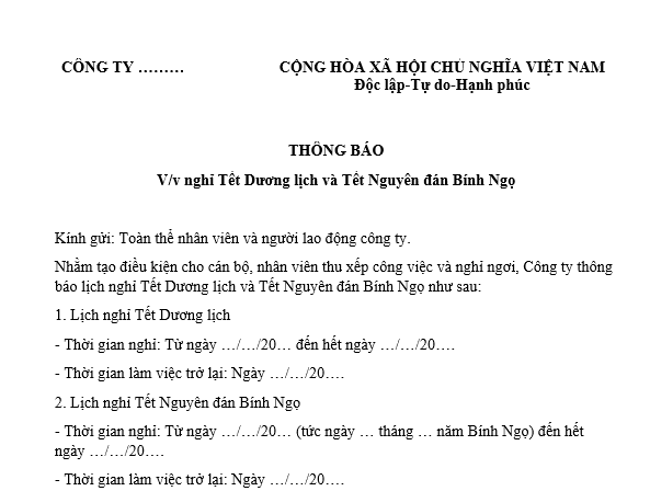 Mẫu Thông báo lịch nghỉ Tết Dương lịch và Tết Nguyên đán Bính Ngọ dành cho nhân viên, người lao động công ty? Tải mẫu?