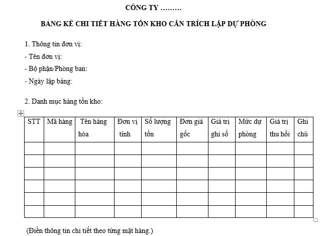 Mẫu Bảng kê chi tiết hàng tồn kho cần trích lập dự phòng