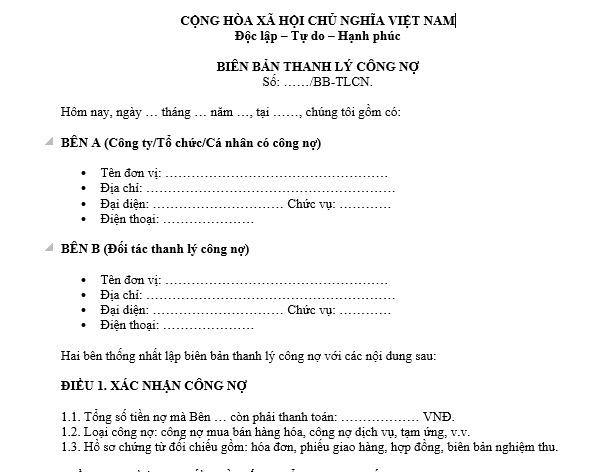 Mẫu biên bản thanh lý công nợ công ty thông dụng hiện nay? Tải về Mẫu biên bản thanh lý công nợ file word?