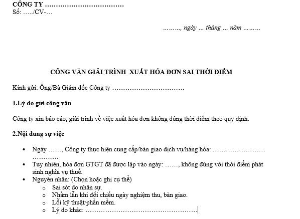Mẫu công văn giải trình xuất hóa đơn sai thời điểm gửi giám đốc công ty? Phạt xuất hóa đơn sai thời điểm bao nhiêu theo Nghị định 310? 