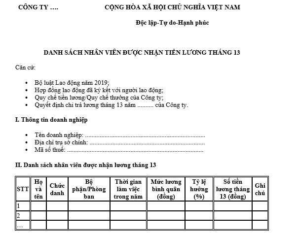 Mẫu danh sách nhân viên được nhận tiền lương tháng 13? Tiền lương tháng 13 được nhận khi nào? Có được nhận trước Tết Âm lịch không?