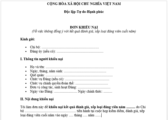 Mẫu đơn khiếu nại khi không đồng ý kết quả đánh giá xếp loại đảng viên cuối năm? Cá nhân đảng viên có được khiếu nại không? 