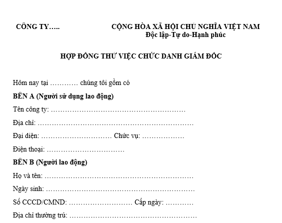 Mẫu hợp đồng thử việc Giám đốc công ty thông dụng? Hợp đồng thử việc có đóng BHXH bắt buộc không? 