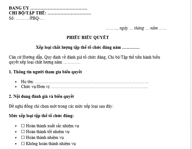 Mẫu Phiếu biểu quyết xếp loại chất lượng tập thể tổ chức đảng? Tải về Mẫu Phiếu biểu quyết xếp loại tổ chức đảng? 