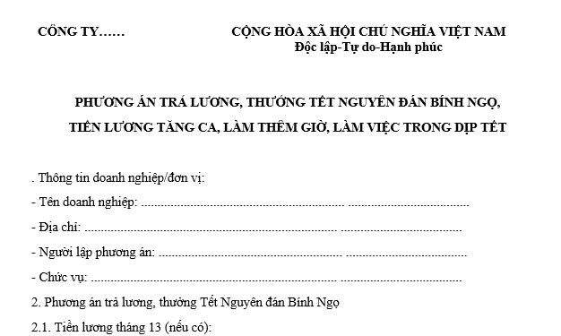 Mẫu phương án trả lương, thưởng Tết Nguyên đán Bính Ngọ, tiền lương tăng ca, làm thêm giờ, làm việc trong dịp Tết? Tải mẫu?