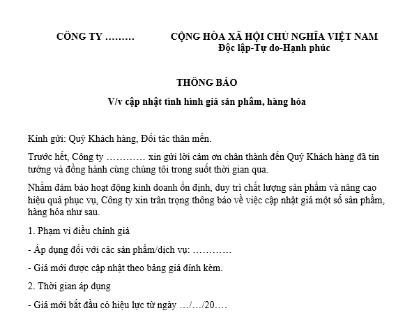 Mẫu thông báo cập nhật tình hình giá sản phẩm, hàng hóa gửi khách hàng của công ty mới nhất? Tải mẫu? 