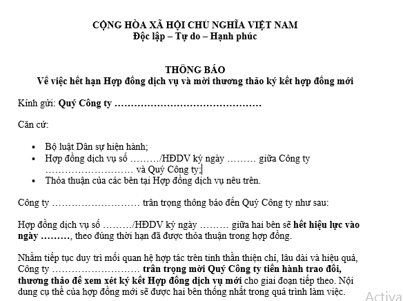 Mẫu Thông báo hết hạn hợp đồng dịch vụ kèm lời mời thương thảo ký mới