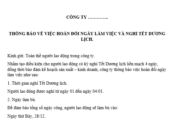  Mẫu Thông báo hoán đổi ngày làm việc nghỉ Tết Dương lịch 4 ngày liên tiếp cho người lao động