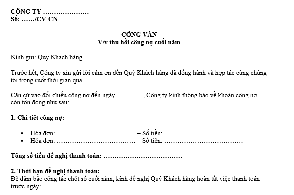 Mẫu Thông báo nhắc nợ gửi khách hàng dành cho doanh nghiệp