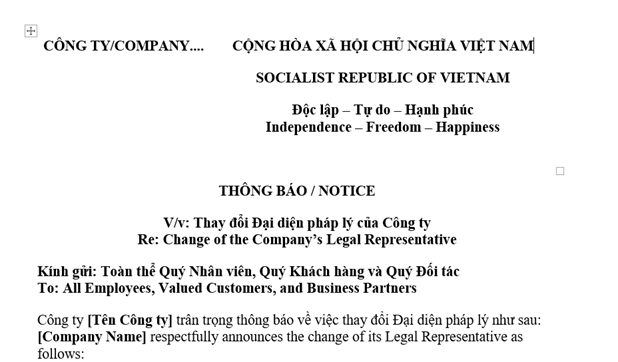 Mẫu Thông báo thay đổi người đại diện pháp luật công ty song ngữ anh việt gửi toàn thể nhân viên, quý khách hàng và đối tác liên quan?