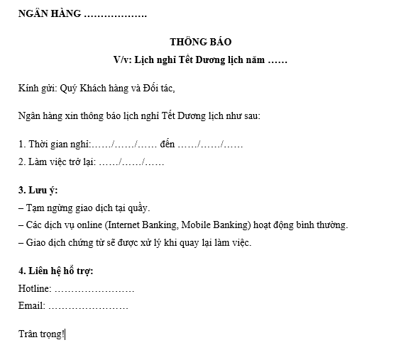 Mẫu Thông báo lịch nghỉ Tết Dương lịch dành cho ngân hàng gửi khách hàng, đối tác