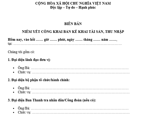 Mẫu Biên bản niêm yết công khai bản kê tài sản thu nhập