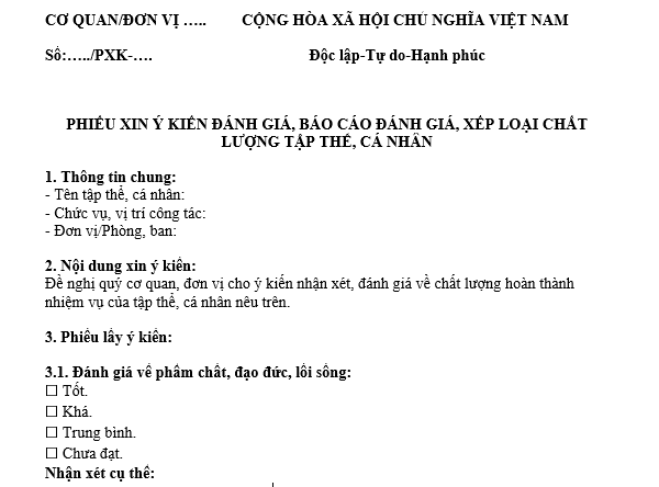 Mẫu Phiếu xin ý kiến đánh giá báo cáo đánh giá xếp loại chất lượng tập thể cá nhân của tổ chức, cơ quan, đơn vị có liên quan?