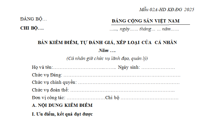 Mẫu 2A bản kiểm điểm đảng viên cuối năm cho cán bộ lãnh đạo quản lý cơ bản