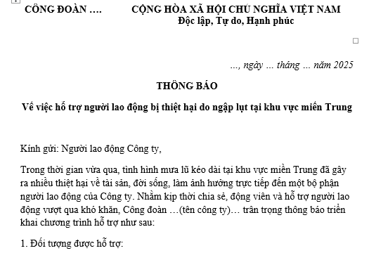 Mẫu Thông báo của công đoàn công ty hỗ trợ người lao động công ty bị thiệt hại do mưa lũ tại miền Trung? Tải mẫu? 