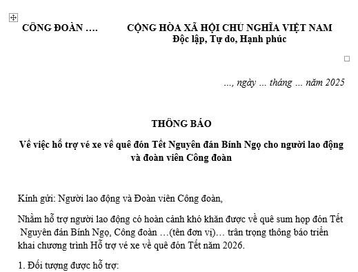 Mẫu Thông báo hỗ trợ vé xe về quê đón Tết Nguyên đán Bính Ngọ dành cho người lao động, đoàn viên của công đoàn