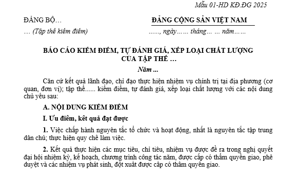 Mẫu báo cáo kiểm điểm tập thể đảng ủy cơ sở, đảng ủy bộ phận cuối năm