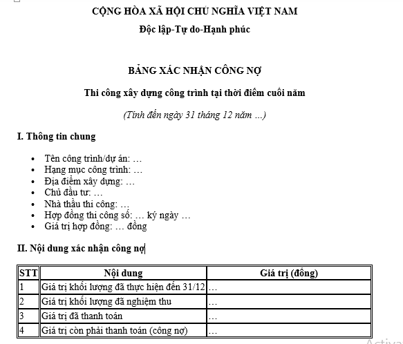 Mẫu Bảng xác nhận công nợ thi công xây dựng công trình tại thời điểm cuối năm