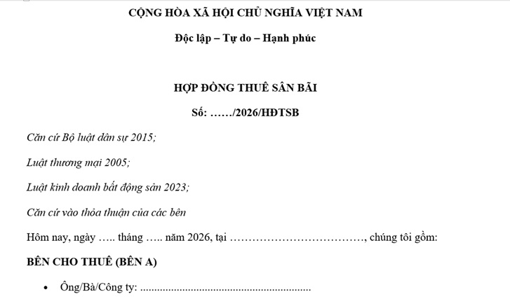 Mẫu Hợp đồng thuê sân bãi mới nhất 2026