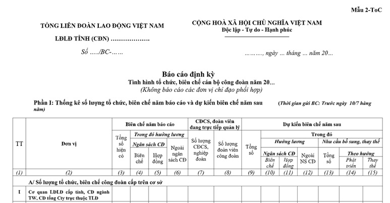 Mẫu Báo cáo định kỳ tình hình tổ chức, biên chế, cán bộ công đoàn năm 2026