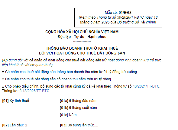 Mẫu Tờ khai thuế cho thuê bất động sản 2026 có dạng như sau: