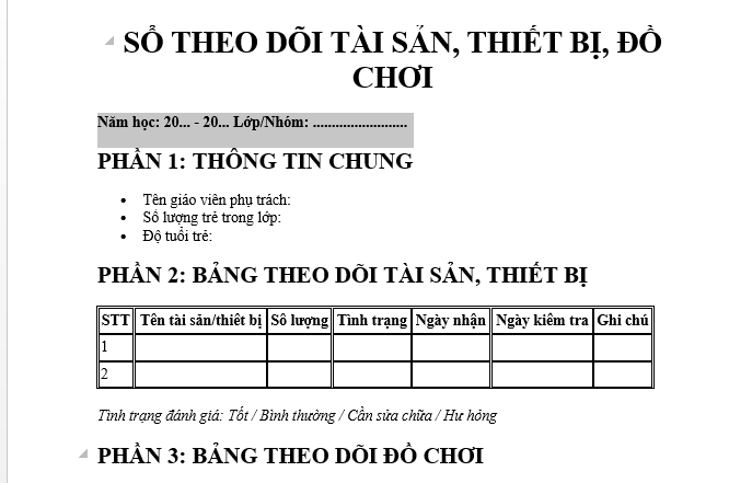 Mẫu Sổ theo dõi tài sản, thiết bị, đồ chơi của nhóm trẻ, lớp mẫu giáo