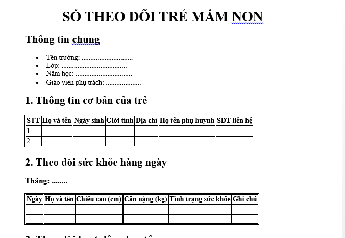 Mẫu sổ theo dõi trẻ mầm non giành cho giáo viên trường mầm non