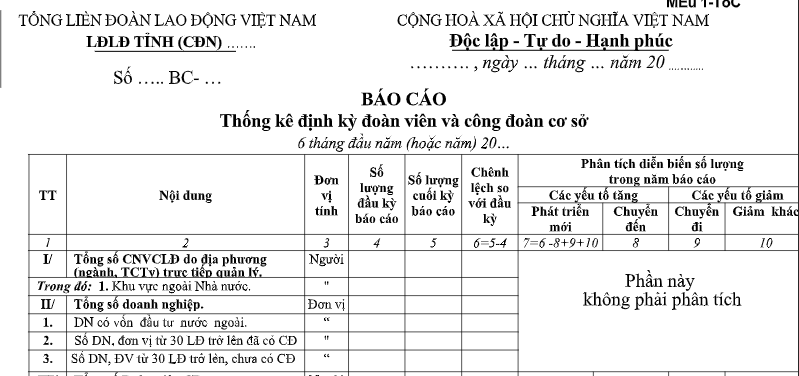 Mẫu Báo cáo thống kê định kỳ đoàn viên và công đoàn cơ sở 6 tháng đầu năm 2026